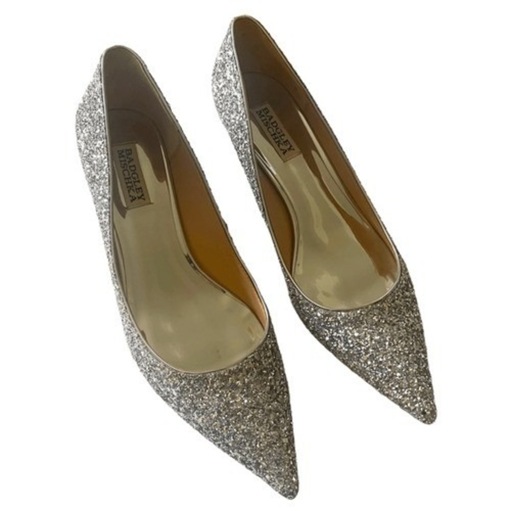Badgley Mischka Silver Glitter Pointed Toe‎ Kitten Heel Pumps Womens Size 9 - Picture 4 of 12
